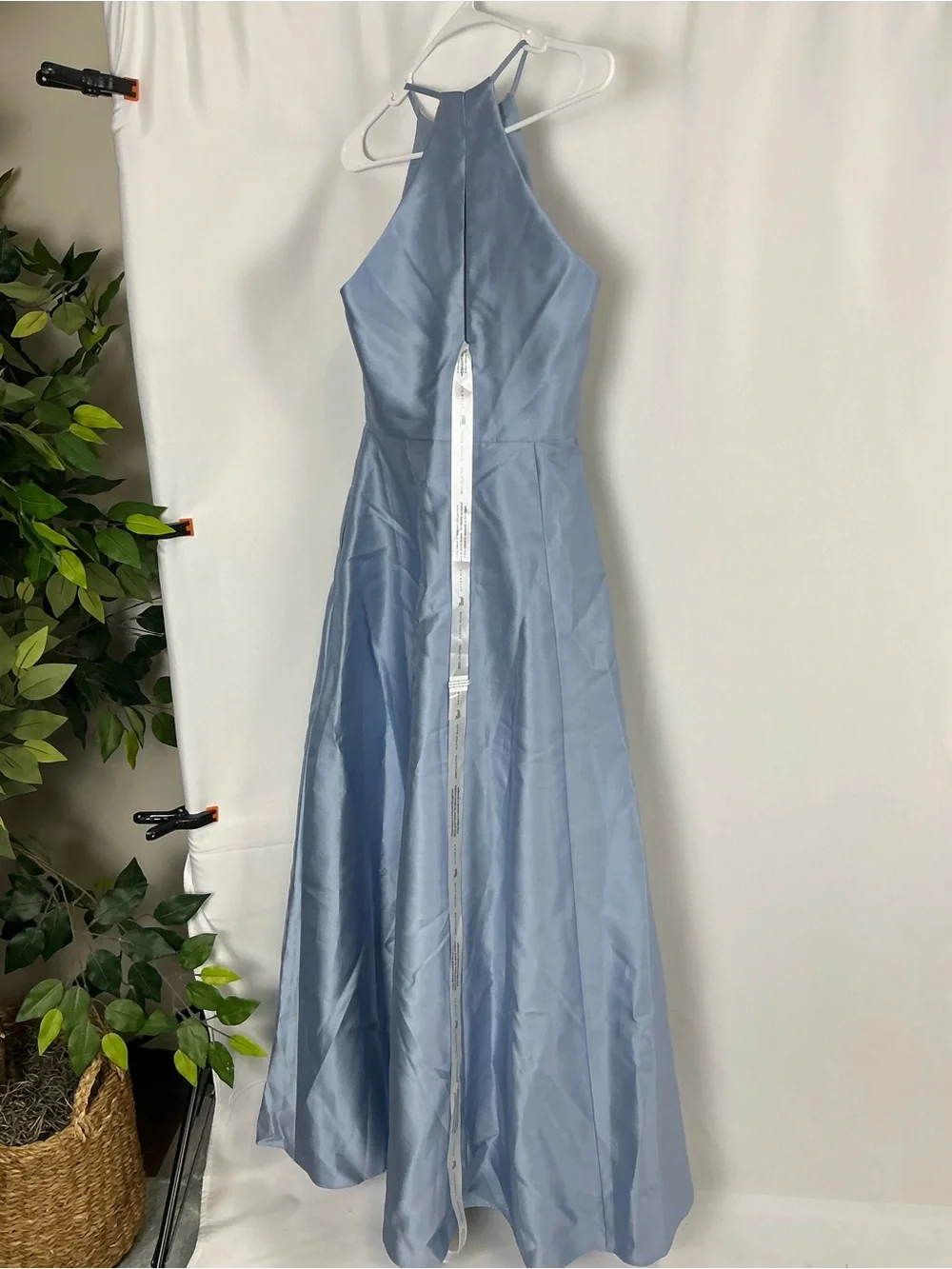 ALFRED SUNG Cloudy Blue Jewel Neck Halter Satin Maxi Dress - Picture 5 of 7